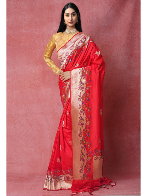

Unnati Silks Red & Gold-Toned Woven Design Zari Silk Blend Banarasi Saree