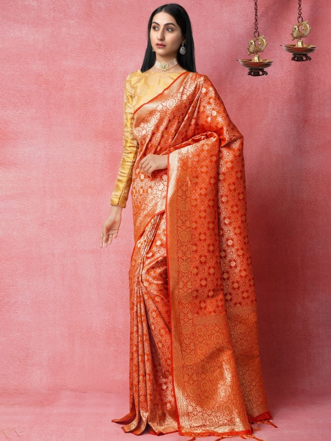 

Unnati Silks Orange & Gold-Toned Floral Silk Blend Banarasi Saree