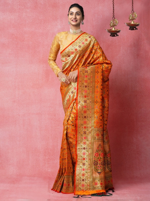 

Unnati Silks Orange & Gold-Toned Woven Design Silk Blend Banarasi Saree