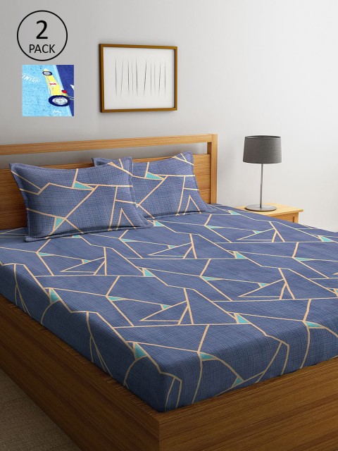 

KLOTTHE Blue & White Geometric 210 TC 2 King Bedsheet with 4 Pillow Covers