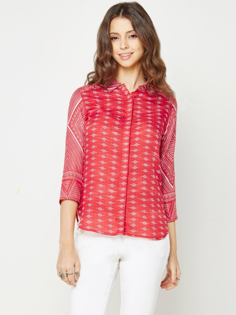 

Global Desi Women Red Printed Shirt Style Top