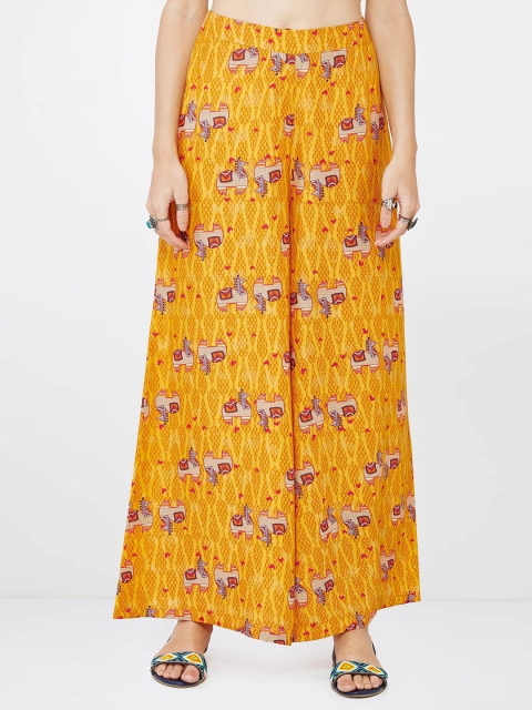 

Global Desi Mustard Yellow Printed Palazzos