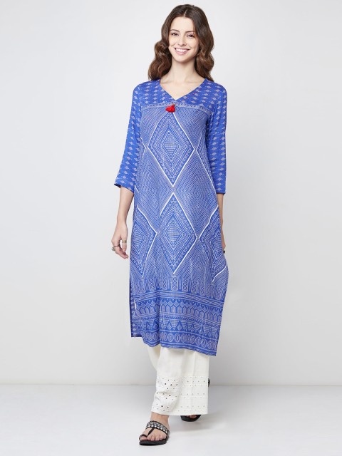 

Global Desi Blue & Off-White Printed Straight Kurta