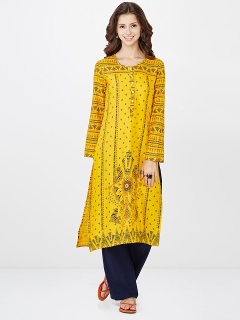 

Global Desi Women Mustard Yellow Printed Straight Kurta