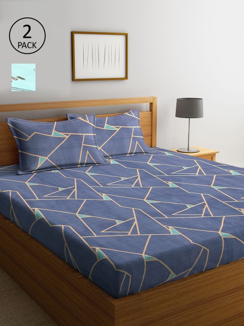 

KLOTTHE Blue & Turquoise Blue Geometric 210 TC 2 King Bedsheet with 4 Pillow Covers