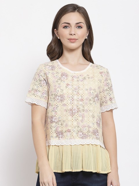 

Mafadeny Yellow & Pink Self Design Schiflli Top