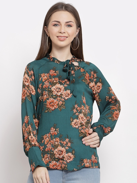 

Mafadeny Women Green Floral Print Keyhole Neck Top