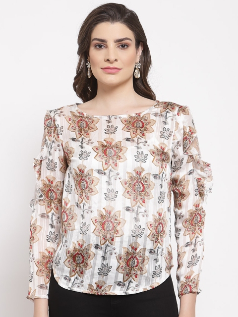 

Mafadeny White & Brown Print Ruffles Top