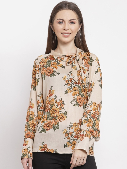 

Mafadeny Khaki & Yellow Floral Print Tie-Up Neck Shirt Style Top
