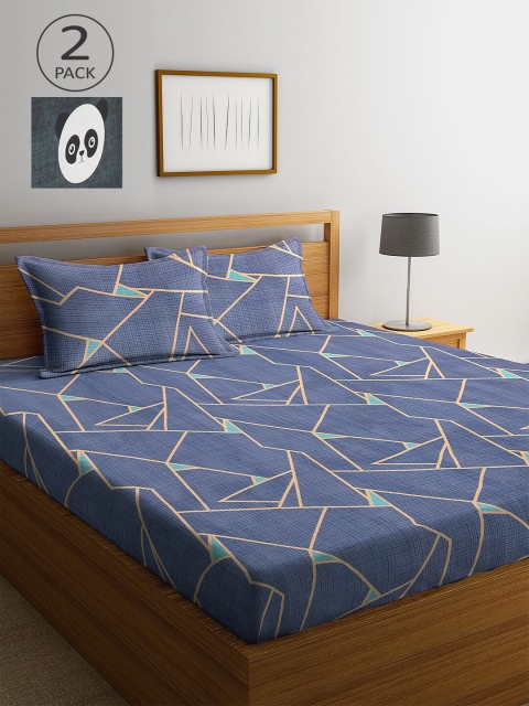 

KLOTTHE Blue & Grey Geometric 210 TC 2 King Bedsheet with 4 Pillow Covers