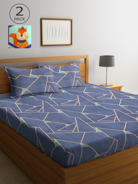 

KLOTTHE Blue & Turquoise Blue Geometric 210 TC 2 King Bedsheet With 4 Pillow Covers