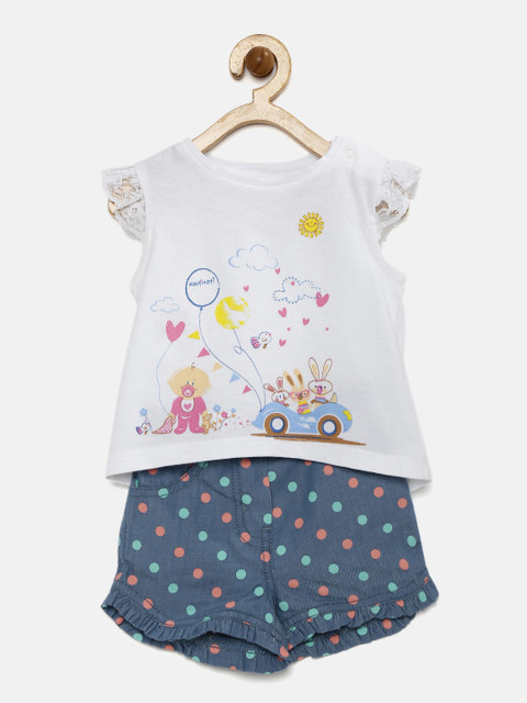 

Nauti Nati Girls White & Blue Printed Clothing Set