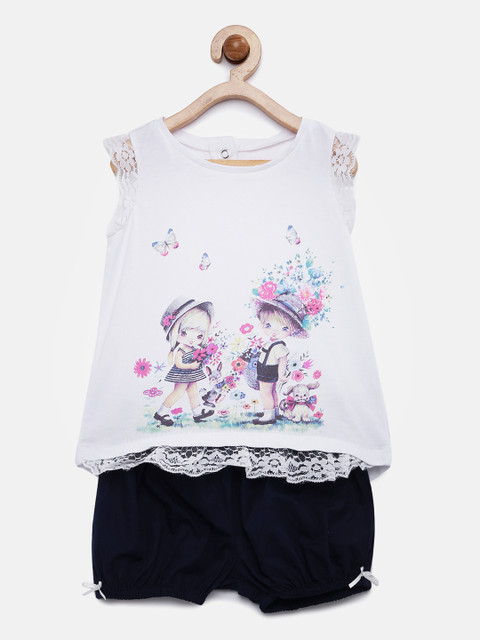 

Nauti Nati Girls White & Navy Printed Clothing Set