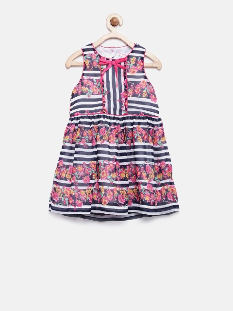 

Nauti Nati Girls Navy & Pink Floral Printed Fit & Flare Dress, Navy blue