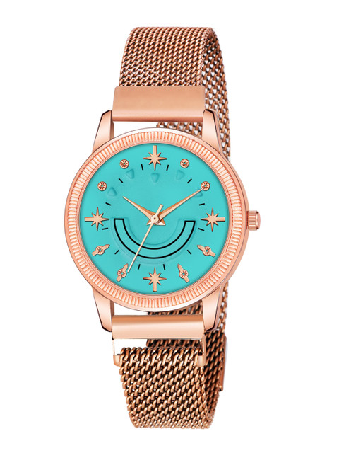 

Rage Enterprise Women Blue Brass Embellished Dial & Rose Gold Toned Stainless Steel Bracelet Style Straps Watch