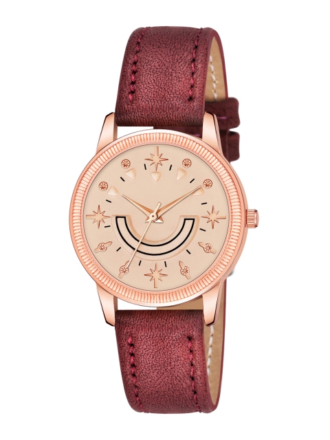 

Rage Enterprise Women Copper-Toned Brass Embellished Dial & Red Leather Straps Analogue Watch