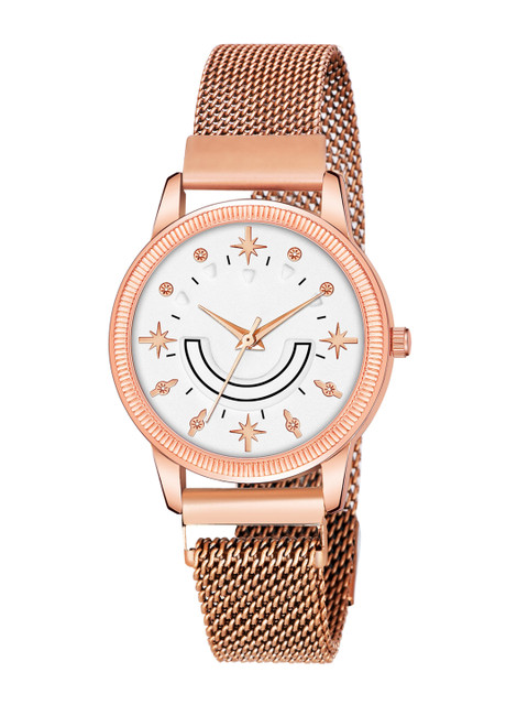 

Rage Enterprise Women White Brass Dial & Rose Gold Toned Stainless Steel Bracelet Style Straps Analogue Watch