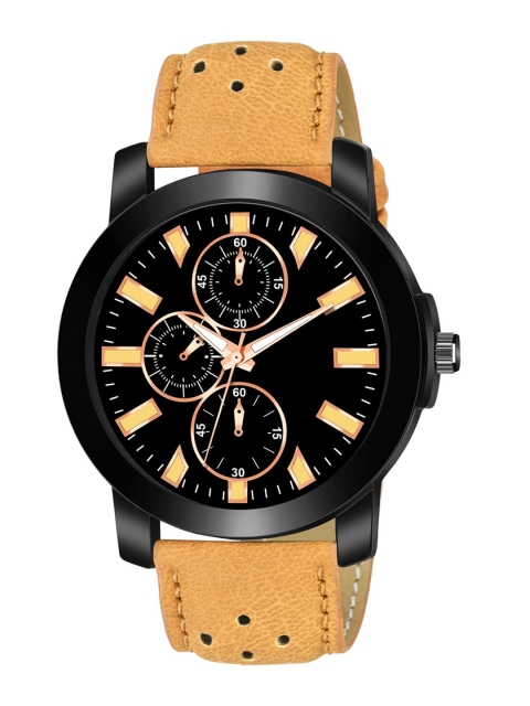 

HAPPY KHAJANA Men Black Brass Dial & Beige Straps Analogue Watch