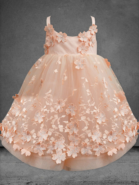 

A T U N Peach-Coloured Floral Embellished Net Dress