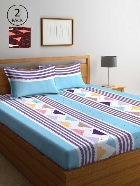 

KLOTTHE Blue & Brown Geometric 210 TC 2 King Bedsheets with 4 Pillow Covers
