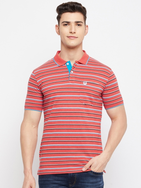 

Duke Men Red & Black Striped Polo Collar Cotton T-shirt