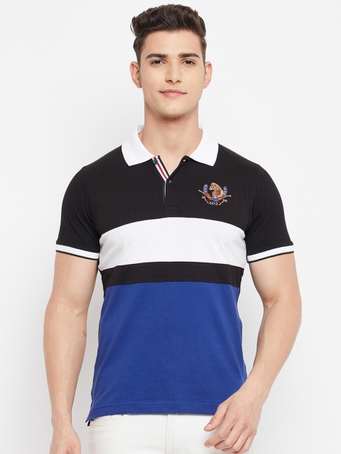 

Duke Men Black & Blue Colourblocked Polo Collar Cotton Slim Fit T-shirt