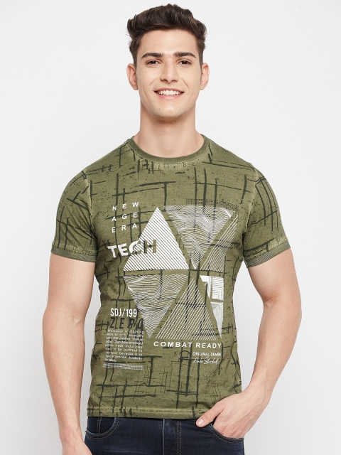 

Duke Men Olive Green Printed Cotton Slim Fit T-shirt