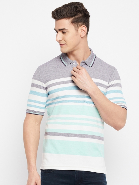 

Duke Men Grey & Turquoise Blue Striped Polo Collar Cotton T-shirt