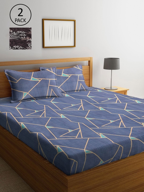 

KLOTTHE Blue & Brown Geometric 210 TC 2 King Bedsheets with 4 Pillow Covers