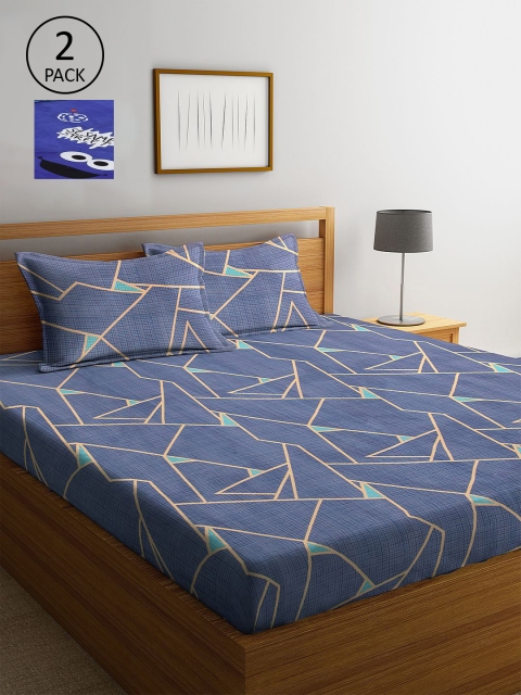 

KLOTTHE Blue & White Geometric 210 TC 2 King Bedsheet with 4 Pillow Covers