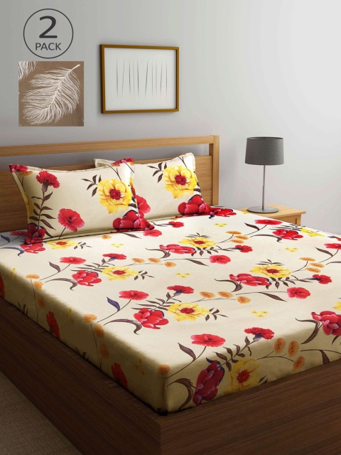 

KLOTTHE Cream-Coloured & Red Floral 210 TC 2 King Bedsheet with 4 Pillow Covers