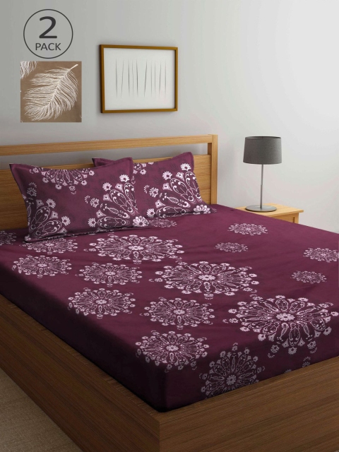 

KLOTTHE Magenta & Tan Floral 210 TC 2 King Bedsheet with 4 Pillow Covers