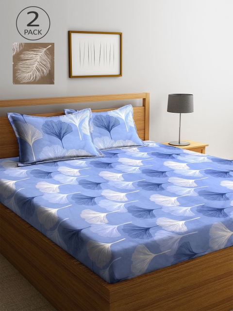 

KLOTTHE Blue & Tan Floral 210 TC 2 King Bedsheet with 4 Pillow Covers