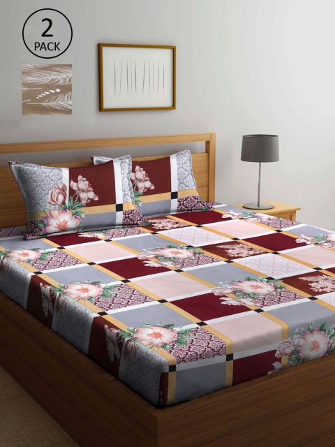 

KLOTTHE Brown & Maroon Floral 210 TC 2 King Bedsheet with 4 Pillow Covers