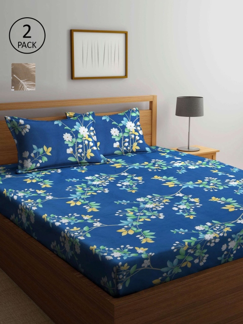 

KLOTTHE Blue & Brown Floral 210 TC 2 King Bedsheet with 4 Pillow Covers