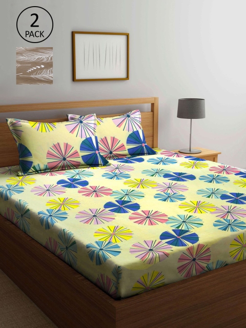 

KLOTTHE Grey & Yellow Floral 210 TC 2 King Bedsheet with 4 Pillow Covers
