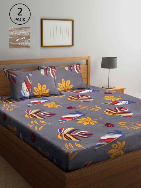 

KLOTTHE Grey & Brown Floral 210 TC 2 King Bedsheets with 4 Pillow Covers