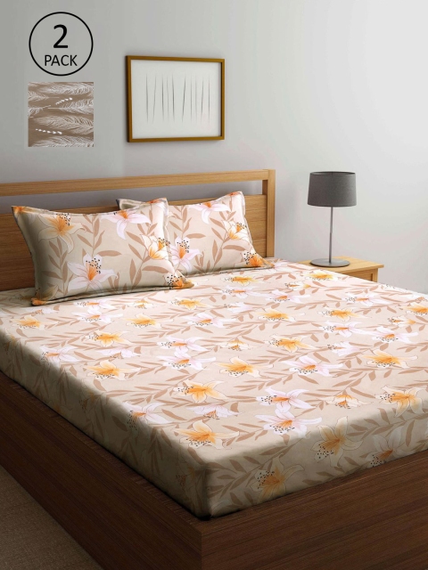 

KLOTTHE Cream-Coloured & Brown Floral 210 TC 2 King Bedsheets with 4 Pillow Covers
