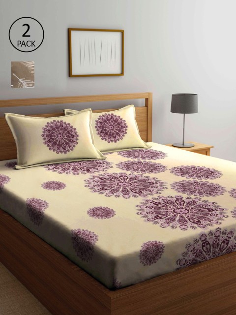 

KLOTTHE Cream-Coloured & Grey Ethnic Motifs 210 TC 2 King Bedsheet with 4 Pillow Covers