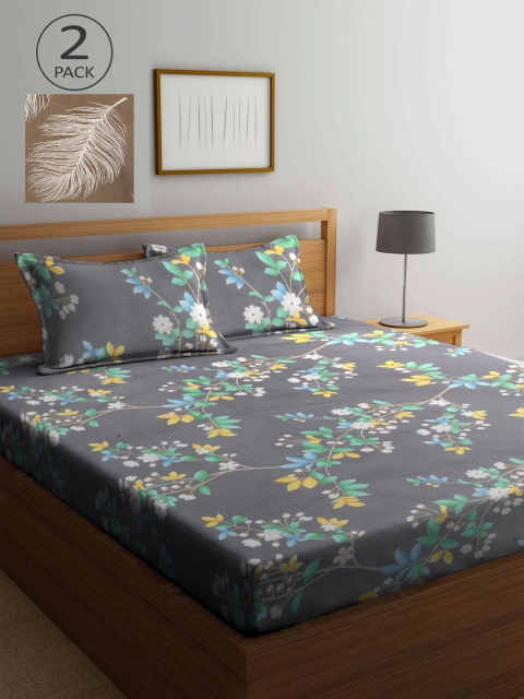 

KLOTTHE Grey & Brown Floral 210 TC 2 King Bedsheets with 4 Pillow Covers