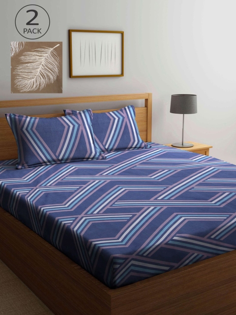 

KLOTTHE Blue & Brown Geometric 210 TC 2 King Bedsheet with 4 Pillow Covers