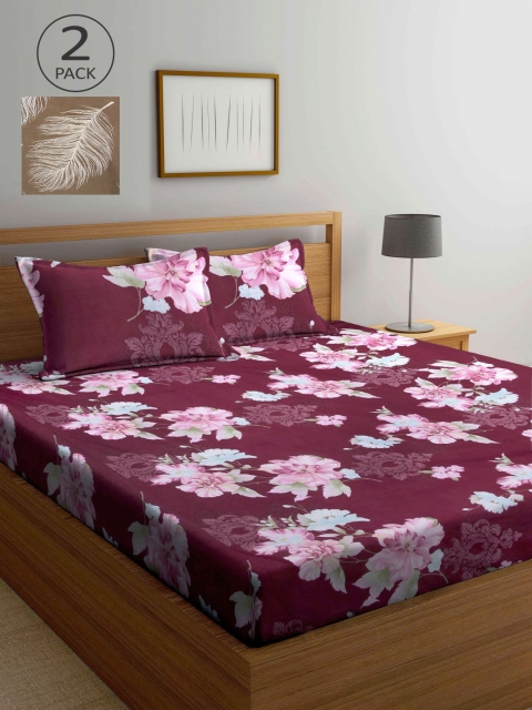 

KLOTTHE Burgundy & Brown Floral 210 TC 2 King Bedsheet with 4 Pillow Covers