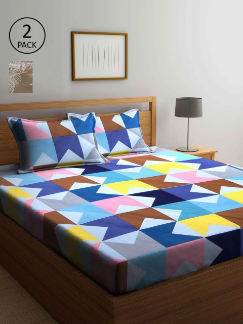 

KLOTTHE Blue & Brown Geometric 210 TC 2 King Bedsheets with 4 Pillow Covers