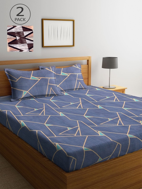 

KLOTTHE Blue & Brown Geometric 210 TC 2 King Bedsheet with 4 Pillow Covers