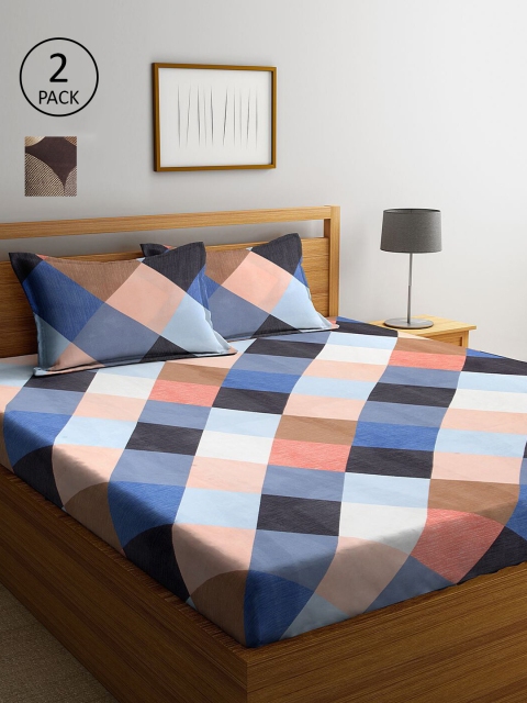 

KLOTTHE Blue & Brown Geometric 210 TC 2 King Bedsheet with 4 Pillow Covers