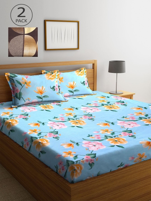 

KLOTTHE Blue & Brown Floral 210 TC 2 King Bedsheet with 4 Pillow Covers