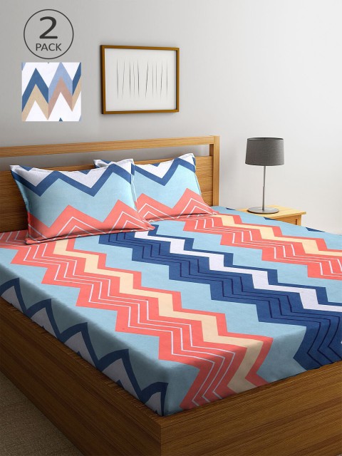 

KLOTTHE Blue & Peach-Coloured Geometric 210 TC 2 King Bedsheet with 4 Pillow Covers