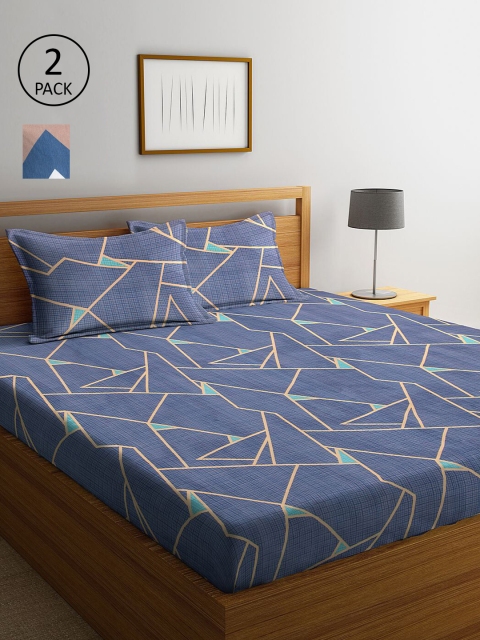 

KLOTTHE Blue & White Geometric 210 TC 2 King Bedsheet with 4 Pillow Covers