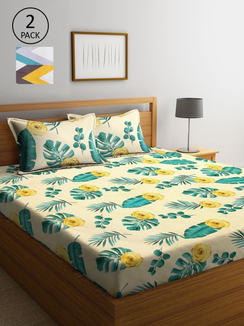 

KLOTTHE Yellow & White Floral 210 TC 2 King Bedsheets with 4 Pillow Covers