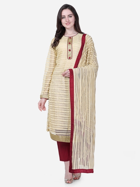 

mf Women Cream-Coloured & Maroon Unstitched Dress Material